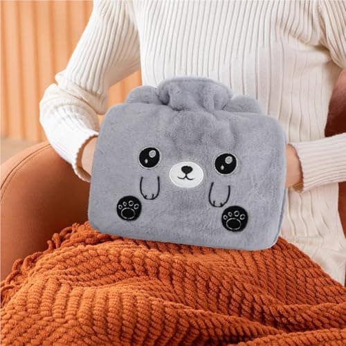 Double-Hand Water Bottle with Fleece Cover UK 1.2L Leakproof Large Rubber Hot Water Bag Fluffy Hot Water Bottles for Hands Neck Shoulder Pain and Hand Feet Warmer Pain Relief — view 4