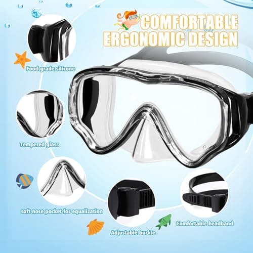 HIKOTEY Children's Snorkel Set,Panoramic Wide View Diving Mask,Snorkeling Gear Anti-Leak and Anti-Fog Tempered Glass Lens,Dry Snorkel Tube,Includes Earplugs and Nose Clip for Age 4-16 Years(Black) — view 2