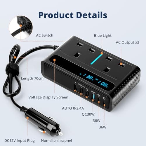 8 in 1 200W Car Power Inverter with 2 Sockets, 4 USB Ports and 2 Type-C Ports, Car Voltage Converter Inverter Convert 12V to 240V 230V AC Auto Power Inverter for Camping Van Caravan — view 2