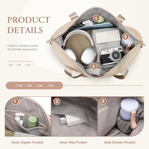 VNINE Travel Bag for Women, Expandable Weekend Bags Sports Gym Bag Waterproof Overnight Bag Carry On Bag Lightweight Hospital Bag Duffel for Airplane Flight Beige — view 3