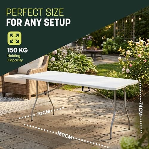 Keplin 6ft Portable Folding Table, 180x70x74cm, Waterproof, White, 9.5kg — view 2