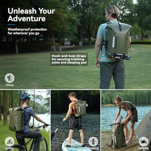 MARCHWAY Roll Top Waterproof Backpack, Floating Dry Bag 20L/30L/45L with Ergonomic Rectangular Base, Cushioned Back, Hip Strap, Gear Loops, MOLLE for Hiking Camping Kayaking Travel (Army Green, 20L) — view 6