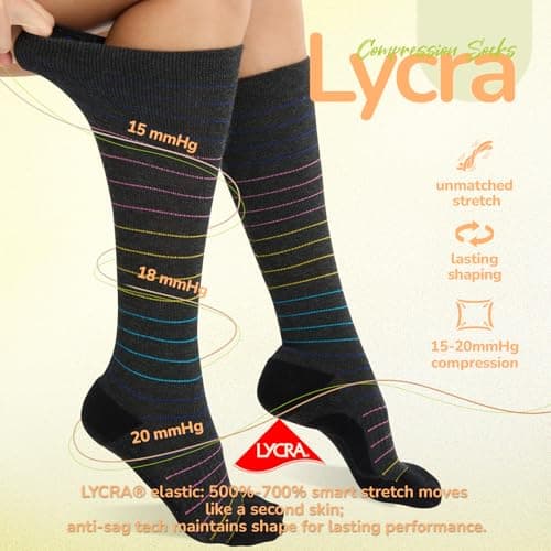 Iambamboo Merino Wool Compression Socks for Women Men 15-20 mmHg for flying, Red&Yellow&Blue, L-X-L — view 5