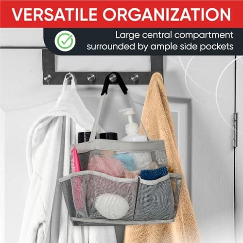 Mesh Shower Bag - Easily transport and organize your bathroom accessories and toiletries while taking a shower (9 pockets, Grey) — view 6