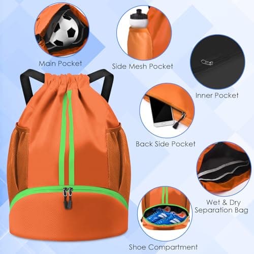 BROTOU Unisex Drawstring Backpack, Waterproof Gym Bag, Large Oxford PE Pack, Students School Backpack, Durable Sports Ball Bag, with Shoe Bag (A, Orange) — view 4