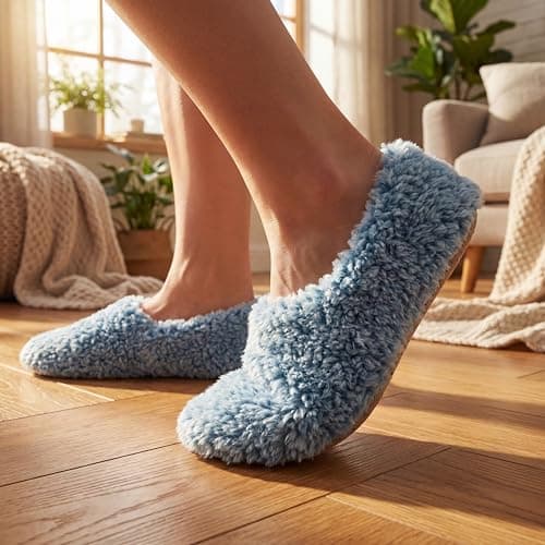Cozylook 2-Pair Slipper Socks for Women Non Slip Soft Sole Slippers, 2-pk Fuzzy Sherpa (Purple & Teal), 11-12 — view 3
