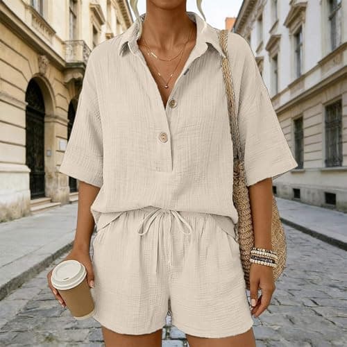 Linen Coord Sets for Women UK Beige Button Short Sleeve Shirt and Drawstring Shorts Leisure Suit Loungewear Outfit Jogger Tracksuit Set Loose Comfy sets with Pockets Home Office and Holiday — view 2