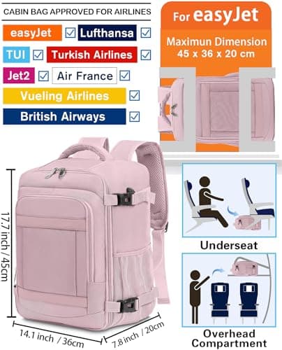 KLOSTAIN for Easyjet Cabin Bag 45x36x20 Travel Backpack Hand Luggage Carry-ons Bag Laptop Backpack Ruscksack for Airplanes Flight New Easyjet Underseat Cabin Bags Fit 14" Laptop Light Pink — view 2