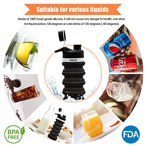 ONTA Collapsible Water Bottle- BPA Free Silicone Foldable Water Bottle for Travel, FDA Approved Food-Grade Silicone Portable Leak-Proof Travel Water Bottle, 20oz Black — view 5
