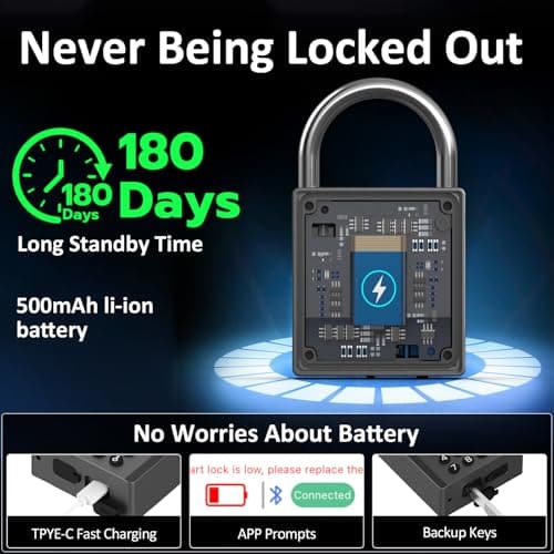 Eseesmart Fingerprint Locker Padlock - Smart Padlock with Key, Biometric Combo Lock with Padlock Bluetooth APP, Waterproof for Storage Unit Outdoor Fence Gate Shed Gym School Locker — view 4