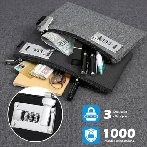 2Pcs Lockable Money Bag - Portable Zipper Lockable Money Pouch with 3 Digit Code, 8.3 x 5.3 inch Durable Waterproof Documents Storage Bag for Cash, Wallet, Jewelry, Passports, Travel(Grey and Black) — view 3