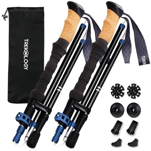 TREKOLOGY Trekking Poles – Collapsible Hiking Poles with Cork Handle - Ultralight Folding Walking Poles for Women & Men, Lightweight Aluminum Hiking Sticks & Walking Sticks (Black with Blue)