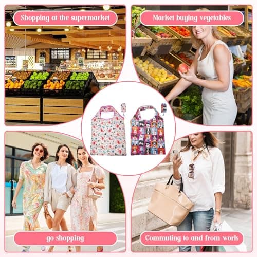 WANGWUXINSHENG Foldable Shopping Bags Large Portable Shopping Tote Bag with Pouch Eco Tote Bags for Grocery Travel Picnic Daily Use Holiday Favors (Red, 2 Pcs) — view 2
