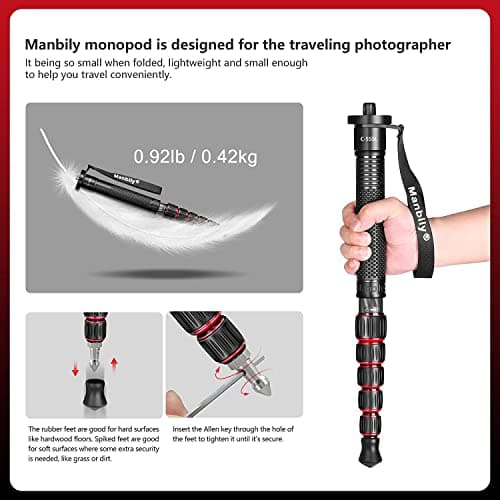 Camera Monopod Walking Stick Manbily Monopods for Cameras Stand Carbon Fiber Portable Compact Travel Monopod Unipod Stick with handle 6 Sections 61inches 15.4lbs for DSLR Video Camcorder Stand (Red) — view 5