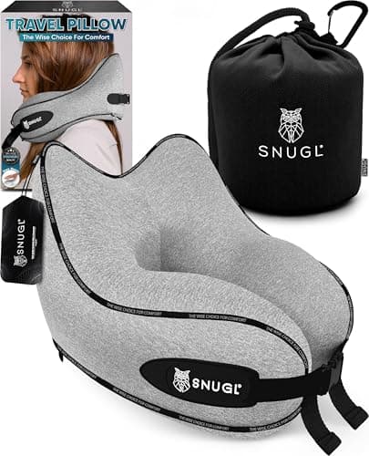 SNUGL Travel Pillow – Memory Foam Neck Pillow for Travel – Support Cushion for Airplane with Carry Bag & Clip - Holiday Essentials (Grey - Adult Small)
