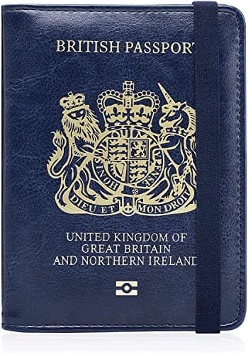 UK Passport Cover, RFID Blocking PU Leather Passport Holder Blue Band