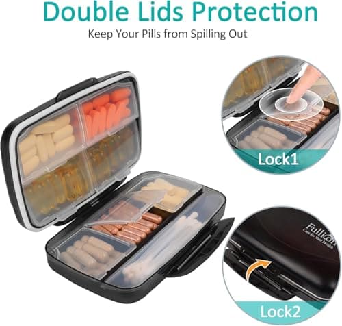 Fullicon Travel Pill Box Organiser Large Portable, Oversize 8 Compartment Pill Boxes/Holder, Vitamin/Medication Case - Airtight & Moistureproof (Black) (Pack of 2) — view 4