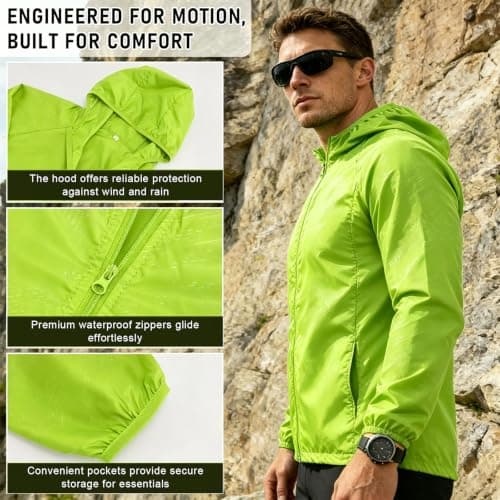 ADUDVLO Men's Lightweight Waterproof Jacket with Pockets, Packable Hooded Windproof Rain Jacket for Travel, Running & Hiking – Includes Carry Pouch (UK, Alpha, XS, Regular, Regular, Green) — view 5