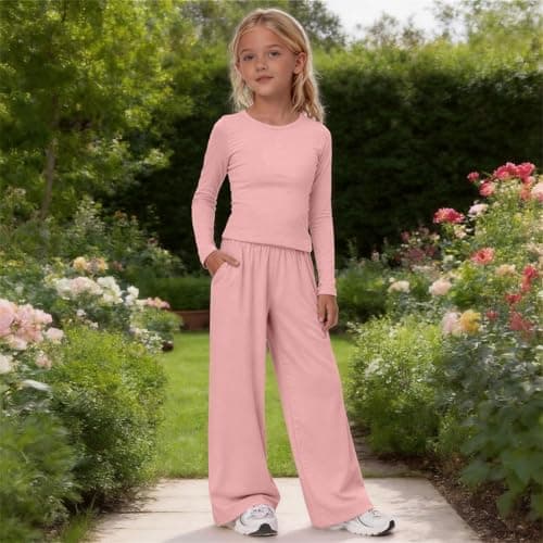 2 Piece Sweatsuit Set for Girls Trendy Travel Outfits Cute Gym Workout Causal Long Sleeve Trousers Set Comfy Vacation Outfit Fashion Solid Soft Cozy Comfort Yoga Clothes (Rose Gold, 8-9 Years) — view 4