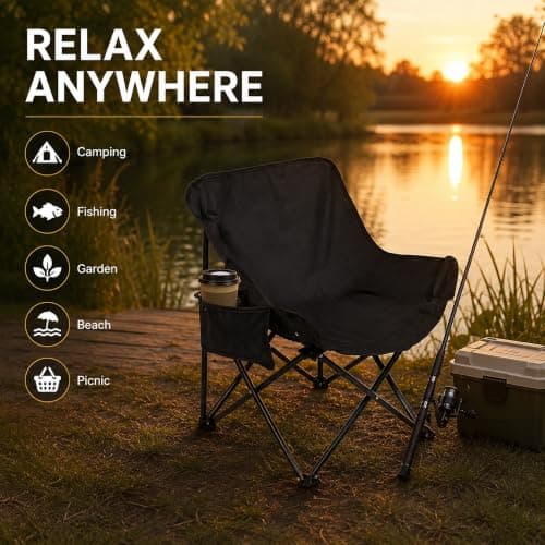 HomlyPro Folding Camping Chair, Pack of 1 - Lightweight & Durable Metal Frame, Compact Outdoor Chair for Adults, Perfect for Fishing, Picnics, Beach, Garden, and Outdoor Uses (Black) — view 6