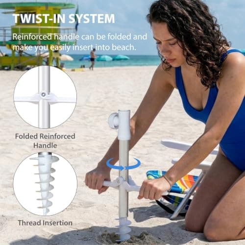 AMMSUN 6.5ft Twice Folded Portable Beach Umbrella with Sand Anchor Windproof,Push Button Tilt and Air Vent UV 50+ Protection Fits in a Large Suitcase for Patio Garden Beach Pool Backyard Blue — view 4