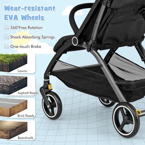 COSTWAY Baby Pushchair, One Hand Foldable Toddler Stroller with Adjustable Backrest & Canopy, 5-Point Harness, Storage Basket, Lightweight Travel Pram for Infants 0-36 Months (Black) — view 5