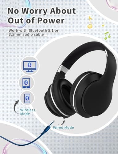Bluetooth Kids Headphones,Wireless Kids Headphones Over Ear with Microphones,Stereo Sound ,10H Playtime,Foldable&Adjustable Children Headphone,Bluetooth 5.1 Headset for Adults School Travel (Black) — view 2