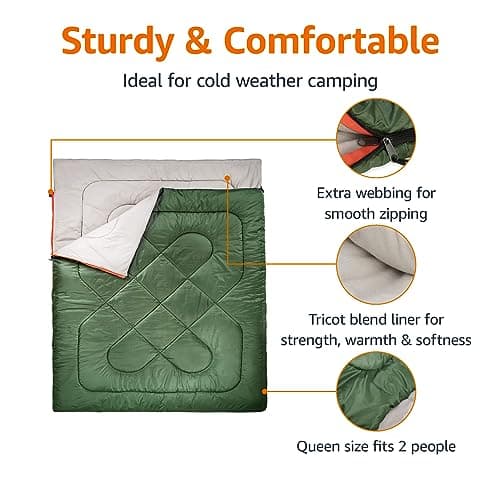 Amazon Basics Lightweight, Warm 3-Season Backpacking Rectangular Sleeping Bag For Camping and Hiking, Two Person Queen Sized, Double, Olive Green — view 2