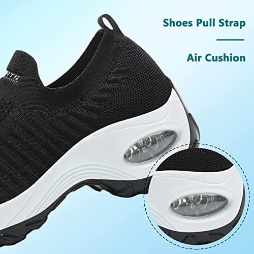Womens Slip On Ladies Trainers Walking Shoes Lightweight Running Shoes Air Cushion Wedge Platform Shoes Black White UK 5 — view 5