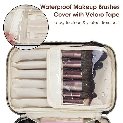 Travel Makeup Bag with Brush Compartment, Large Cosmetic Bags, PU Leather Makeup Case with Handle, Water-Resistant for Women, Black (Patent Pending) — view 2