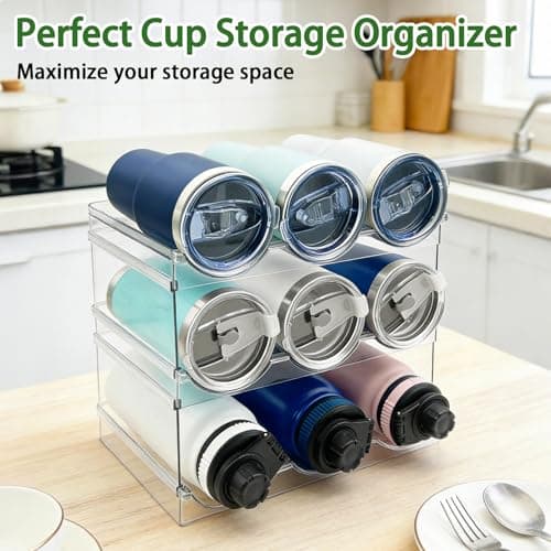 Water Bottle Storage Organiser for Cupboard, Stackable Home Kitchen Storage & Organisation Rack, Plastic Bottle Holder for Fridge Pantry Organizer and Storage, Travel Mug Thermos Flask Cup Organiser — view 3