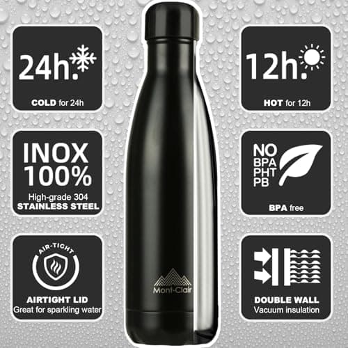 Mont-Clair l'O Stainless Steel Water Bottle, Vacuum Insulated - BPA Free, 12h Hot & 24h Cold Drinks, Metal Water Bottle 750ML Leakproof, Ideal for Adult, Kids, Running - Black — view 2
