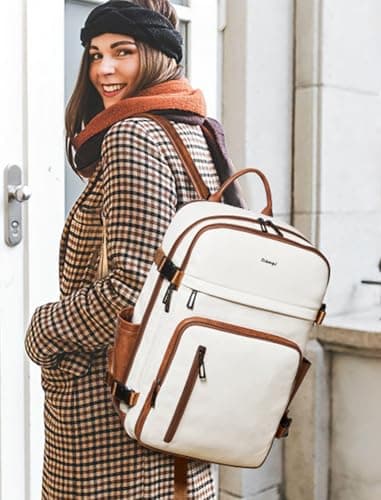 tiamyi Leather Backpack for Women and Men, Fits 17 Inch Laptop, Stylish Lay-Flat Carry-on Vegan Leather Rucksack with Luggage Strap for Daily Use, Laptop Backpack — view 2