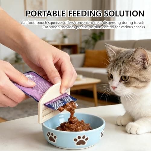 Cat Food Pouch Squeezer, Four Piece Set in Cream, Purple, Orange and Blue, Portable Cat Food Dispenser for Travel and Precise Feeding Control, Versatile Pet Feeding Tool for Multi-Pet Households. — view 5