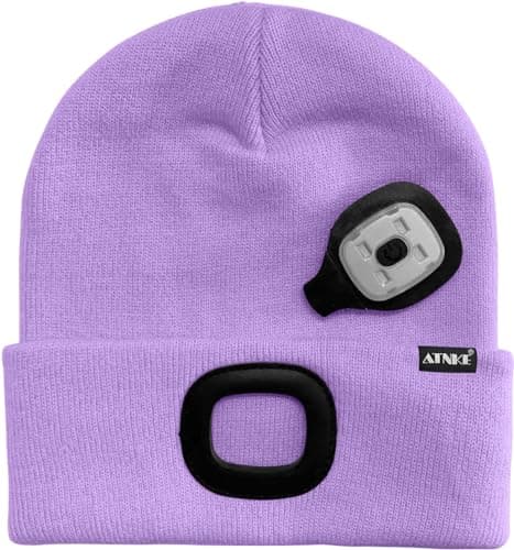 ATNKE LED Lighted Beanie Cap,USB Rechargeable Running Hat Ultra Bright 4 LED Waterproof Light Winter Warm Gifts for Men and Women/Taro Purple — view 3