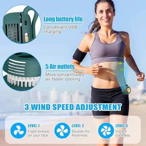 CLIUNT 3 Speeds Portable Silent Mini Bladeless Electric Fan, Clip On Waist & Neck Fan, Rechargeable Small Travel Electric Whirlwind Fan for Waist for Outdoor, Travel, Office (Green) — view 4