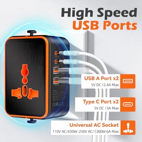 Universal Travel Adapter, All In One Travel Plug Adapter Worldwide Multi Plug with UK EU AU US Plugs & 1 Universal AC Outlet & 4 USB Ports for Laptops Tablets Phones — view 5