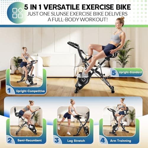 Exercise Bike, 5-in-1 Quiet Folding Exercise Bikes for Home Use, 16 Level Adjustable Magnetic Resistance Foldable Stationary Exercise Bike, LCD Display with Heart Rate, 350LBS Capacity Comfort Seat — view 2