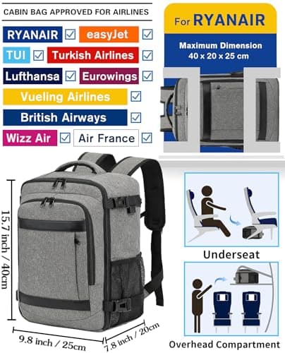 KLOSTAIN Cabin Bags 40x20x25 for Ryanair Underseat Travel Backpack Hand Luggage Carry-ons Bag Cabin Size 20L for Airplanes Flight Ruscksack Grey Black — view 2