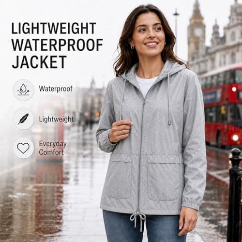 NWDEY Women's Lightweight Waterproof Jacket Ladies Packable Raincoat Hooded Windproof Rain Jacket Coat for Outdoor Travel (UK, Alpha, 3XL, Regular, Regular, Grey) — view 3