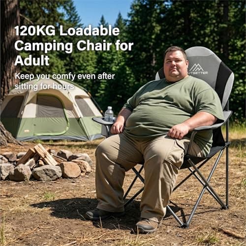 Outsetter Folding Camping Chair High Back, Large Padded Chair with Cup Holder and Side Pockets,Seat with Breathable Mesh, Portable & Comfortable,Holds up to 120kg for Outdoors, Fishing(Light Grey) — view 5