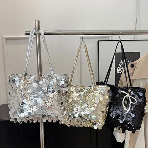 [Uitndvyte] Large Capacity Glitter Sequin Tote Bag Trendy Shoulder Bag Purse Handbag Shopping Beach Closure Large Capacity Hobo Bag, gold — view 3
