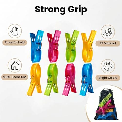 Beach Towel Clips 8 Pcs, Bonilife Large Laundry Clips Strong Grip Non-Slip Plastic Towel Pegs for Sun Loungers, Pool Chairs, Sunbeds, Holiday Essentials, 4 Colors, for Home, Garden, Travel — view 5