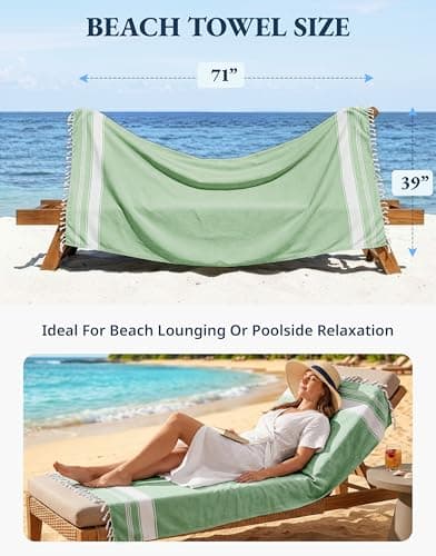 LANE LINEN Turkish Beach Towels, 2 Pack Extra Large Beach Towel, Pre-Washed for Soft Feel, Cotton Rich Oversized Sand Free Quick-Dry Pool Towel, Beach Towels For Adults,39"x71" - Jade Green — view 4