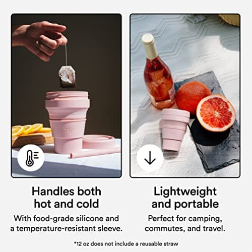 STOJO On-The-Go Collapsible Coffee Cup - 12oz / 355ml - Reusable & Foldable Silicone Travel Mug with Lid - Portable, Pocket Size - Dishwasher Safe - Carnation — view 3
