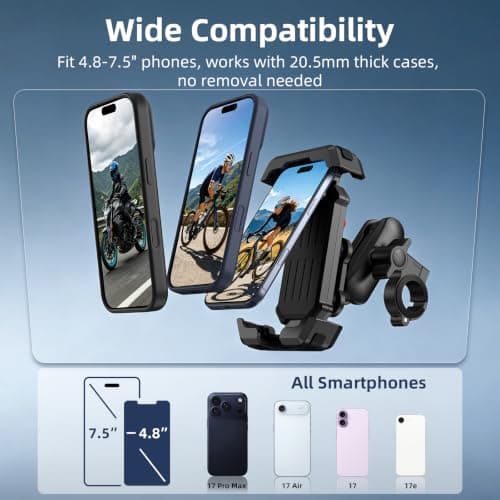BRDRC Motorcycle & Bike Phone Mount‑720° Rotatable Metal Extension Arm, Anti‑Theft Universal Handlebar Holder, Dual Vibration Dampening, Compatible with iPhone 17/16/15 & 4.8‑7.5" Smartphones — view 5