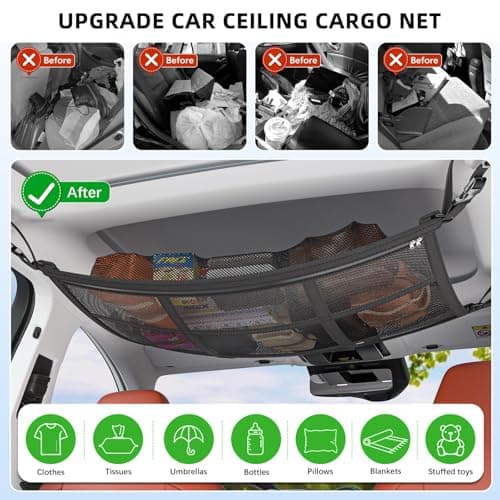 CCAIPU Car Ceiling Cargo Storage Net Pocket, Adjustable Double-Layer Mesh Storage Net Car Roof Organizer Long Trip Ceiling Storage Net for Car, SUV, Van (Black, 80*55cm) — view 2