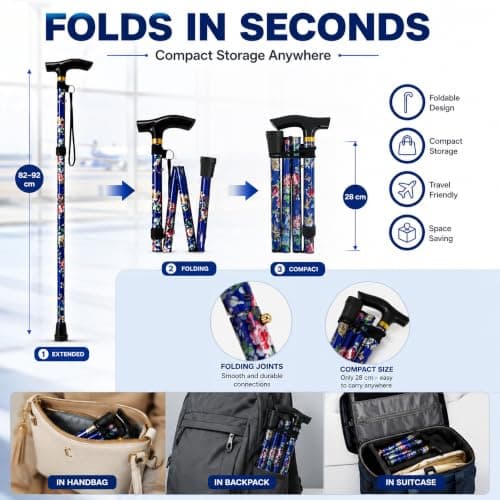 Folding Walking Stick Floral Print Lightweight Cane with T Handle Blue — view 3