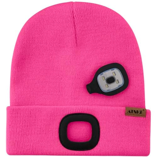 ATNKE Kids LED Lighted Beanie Hat,USB Rechargeable 4 LED Running Headlamp Ultra Bright Cap with Light Hands Free Head Torch Winter Warm Knit Beany Great Gifts for Boys and Girls/Rose Red — view 3
