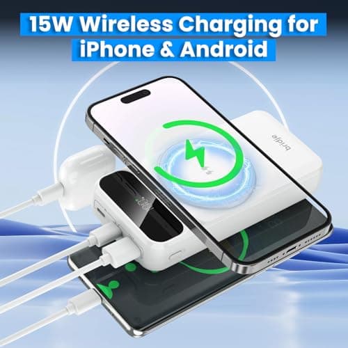 Bridje Magnetic Power Bank 20000mAh Wireless & Wired Portable Charger with 3 Built-In Cables, LCD Display, 22.5W Fast Charging for iPhone, Android Phones, Tablets & USB-C Devices – White — view 5